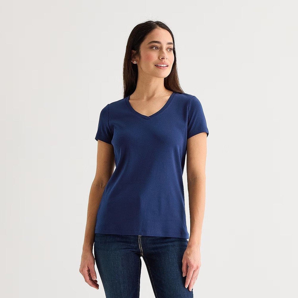 St. John's Bay Womens L American Navy V Neck Short Sleeve T-Shirt
